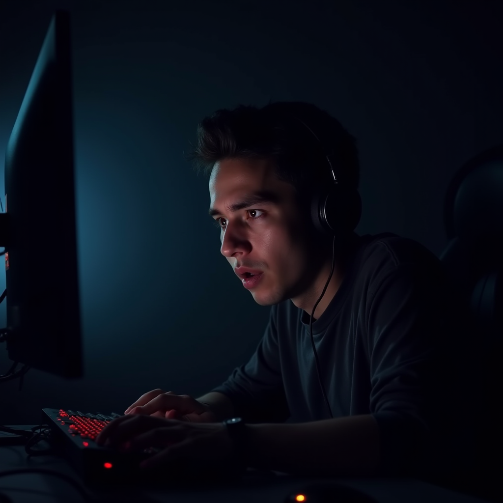 A gamer experiencing emotional response to character death in a dimly lit gaming setup
