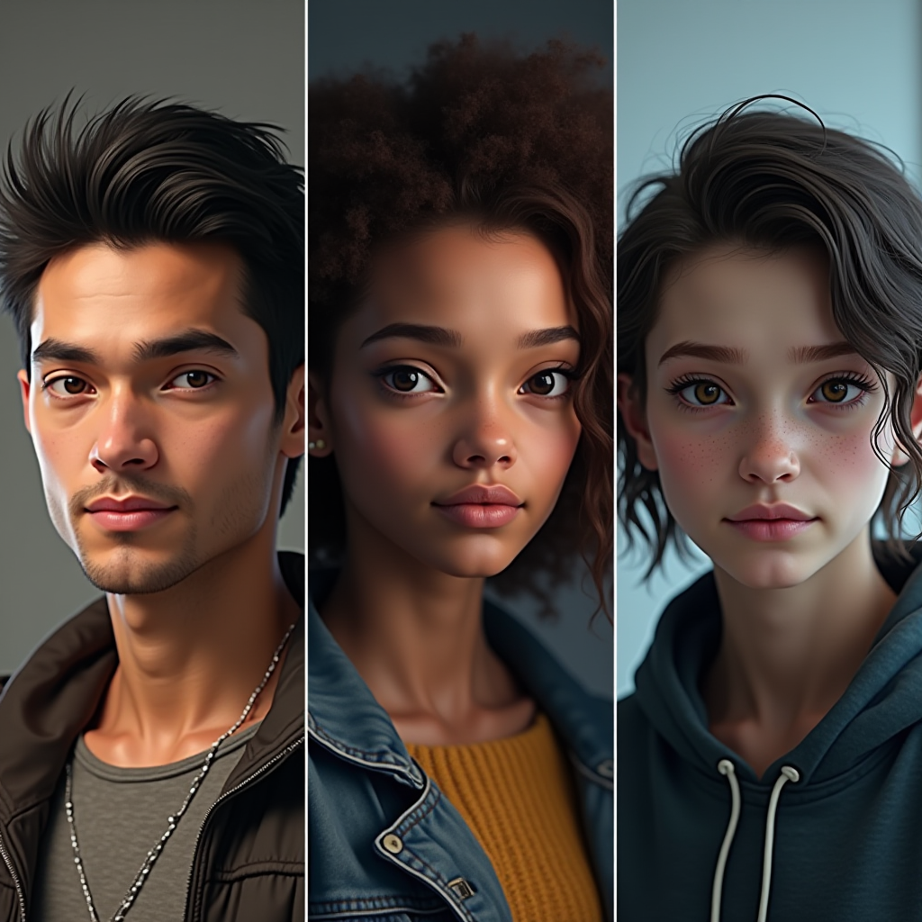 Three game character portraits side by side: one realistic self-representation, one idealized version, and one completely opposite persona, each labeled with their psychological archetype