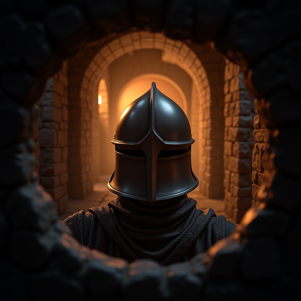 First-person view from inside medieval helmet looking out at dungeon corridor with torch light casting dramatic shadows on stone walls
