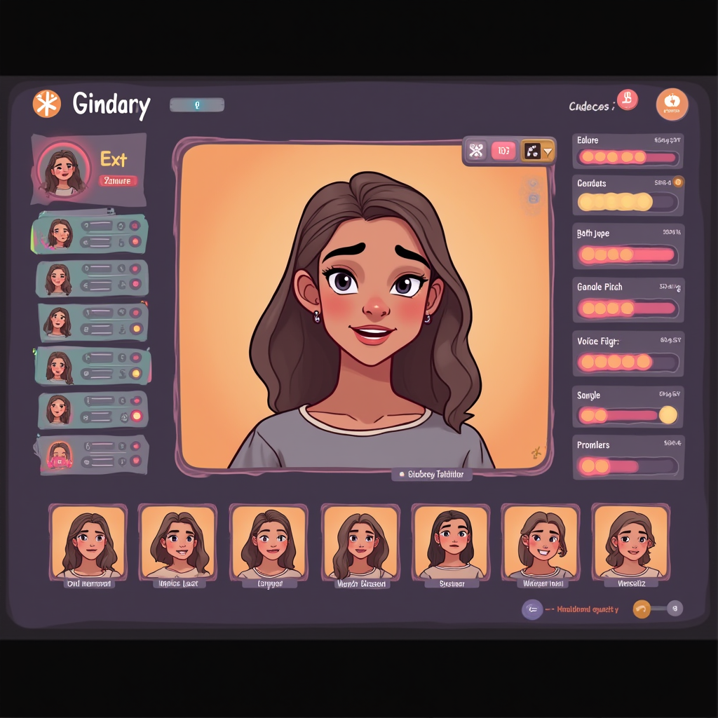 A detailed game interface showing an extensive character creation menu with options for body type, facial features, voice pitch, and gender presentation. The screen displays multiple preset options ranging across the gender spectrum, with customizable sliders for various physical characteristics. The interface uses warm, welcoming colors and inclusive iconography.