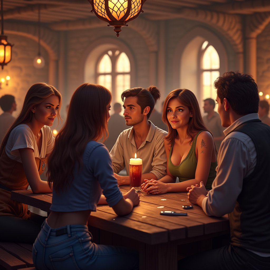 A vibrant in-game scene showing a diverse group of player avatars gathered in a fantasy tavern setting. The characters represent various gender presentations, body types, and fantasy races, all engaged in social interaction. The warm lighting and detailed character designs emphasize the social and community aspects of online gaming spaces.