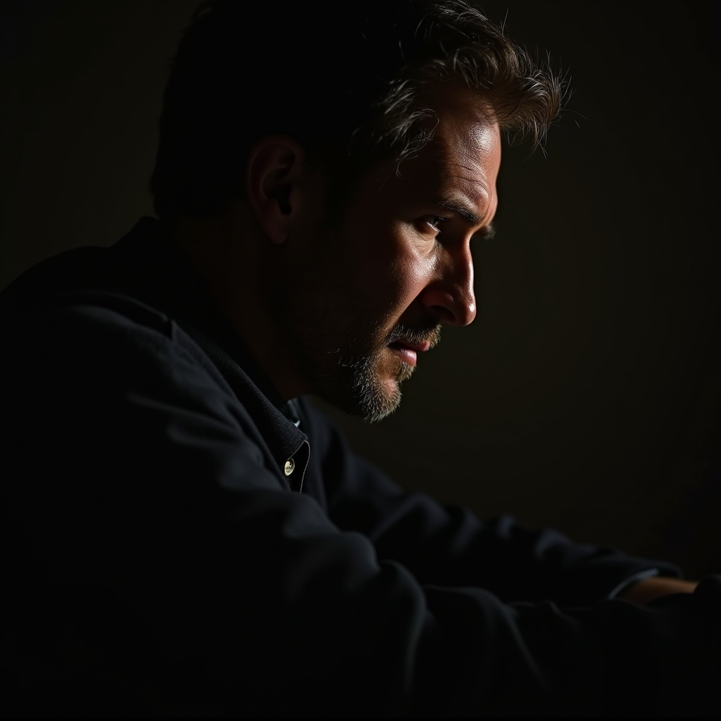 Arthur Morgan in a reflective moment during his illness, with dramatic lighting emphasizing the emotional weight