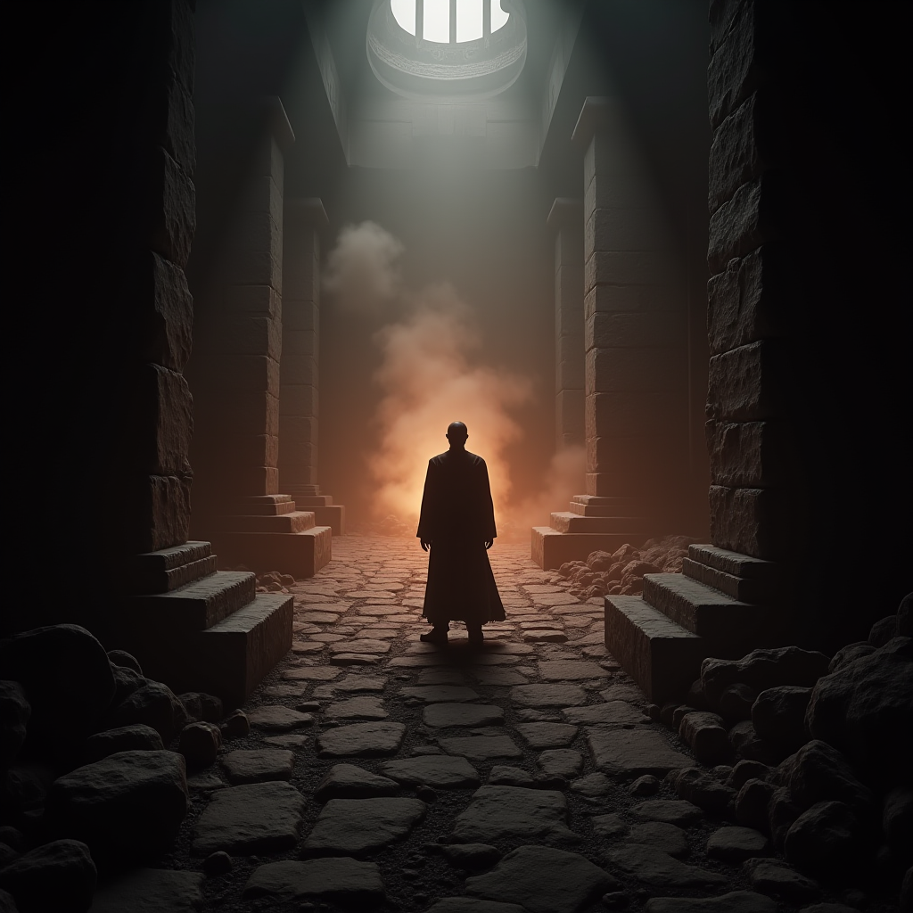 Dramatic scene from Baldur's Gate 3 showing a moral choice moment with dark, atmospheric lighting and a character at a crossroads between good and evil paths