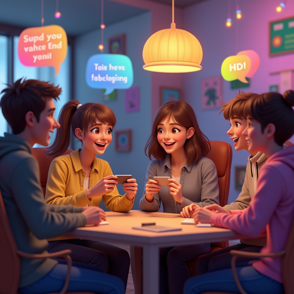 A warm, inviting scene of an online gaming community gathering in a virtual space. Diverse avatars of all gender presentations are shown interacting positively, with chat bubbles showing supportive messages and proper pronoun usage. The atmosphere is welcoming and inclusive, with rainbow-colored decorative elements subtly incorporated into the virtual environment.