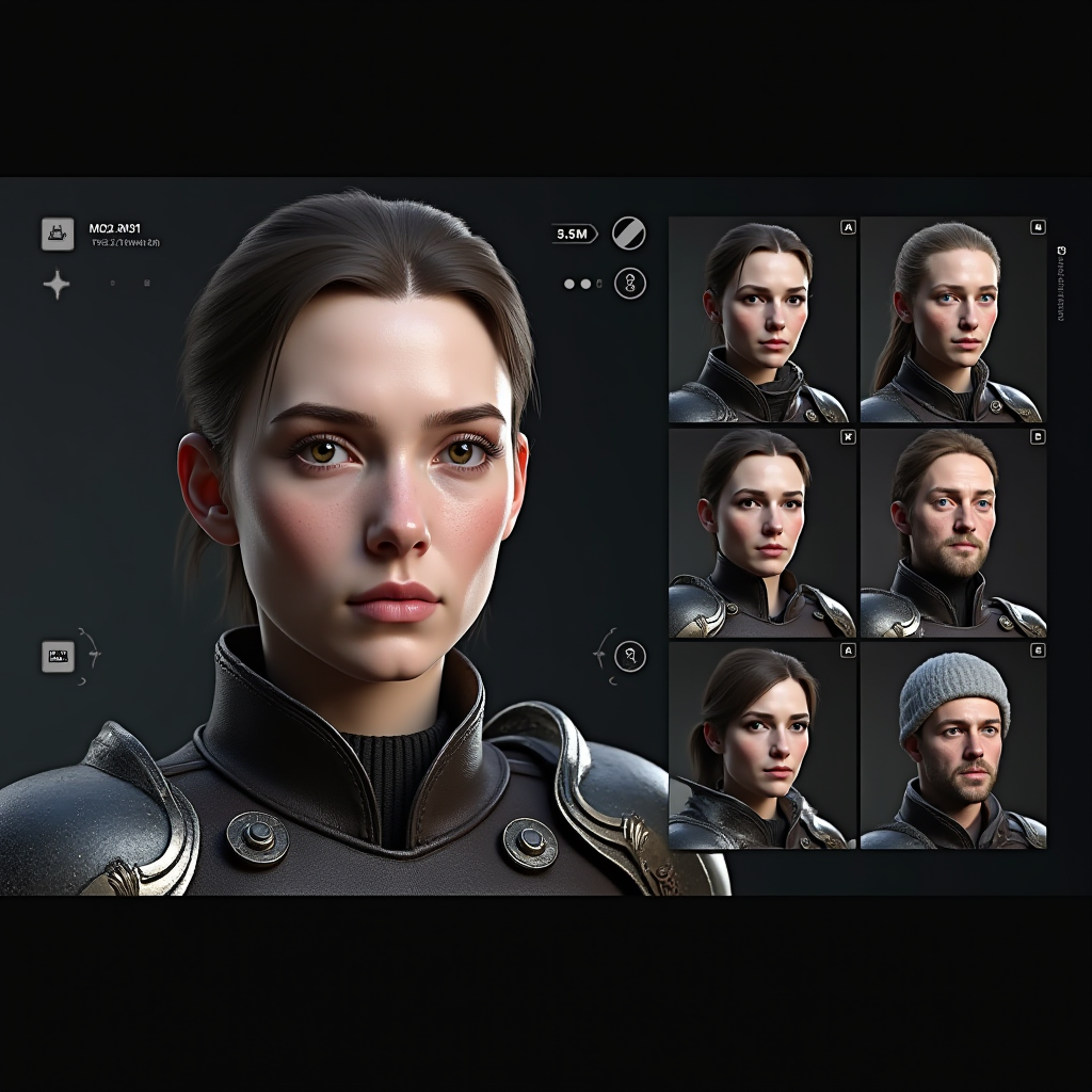 Character customization screen showing detailed face editor with multiple sliders and preview of character in different armor sets