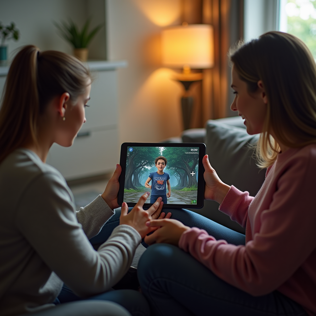 A warm, professional therapy office where a young person sits comfortably on a couch, gesturing while talking to a therapist. On a tablet between them is visible a character creation screen from a video game. The scene conveys the integration of gaming experiences into professional mental health support, with both individuals engaged in meaningful conversation.