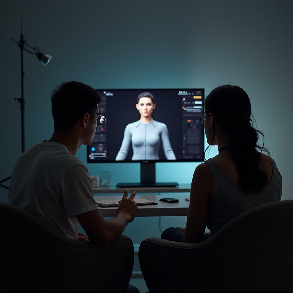 Therapist and client sitting together looking at a screen showing character creation interface, using it as a therapeutic tool for identity exploration