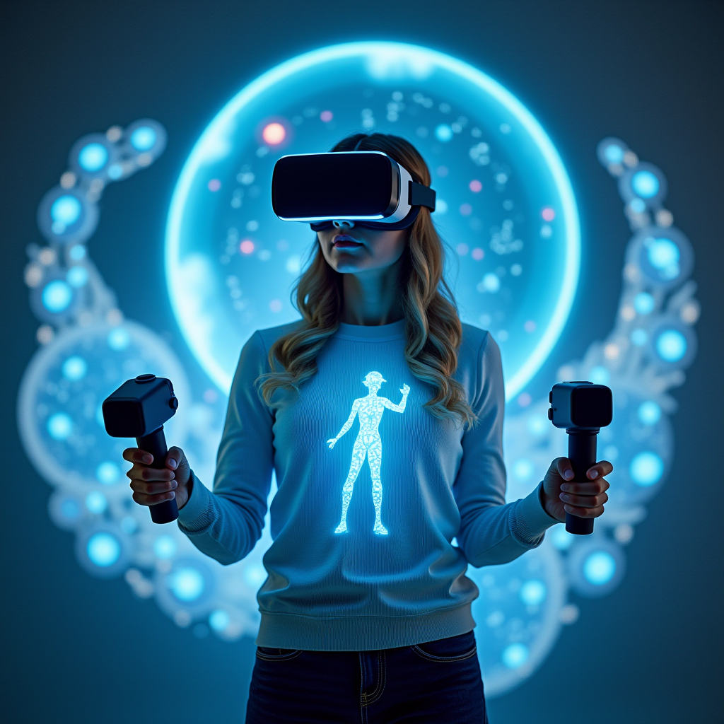 Person wearing VR headset with motion controllers surrounded by translucent holographic display showing their virtual avatar in fantasy environment