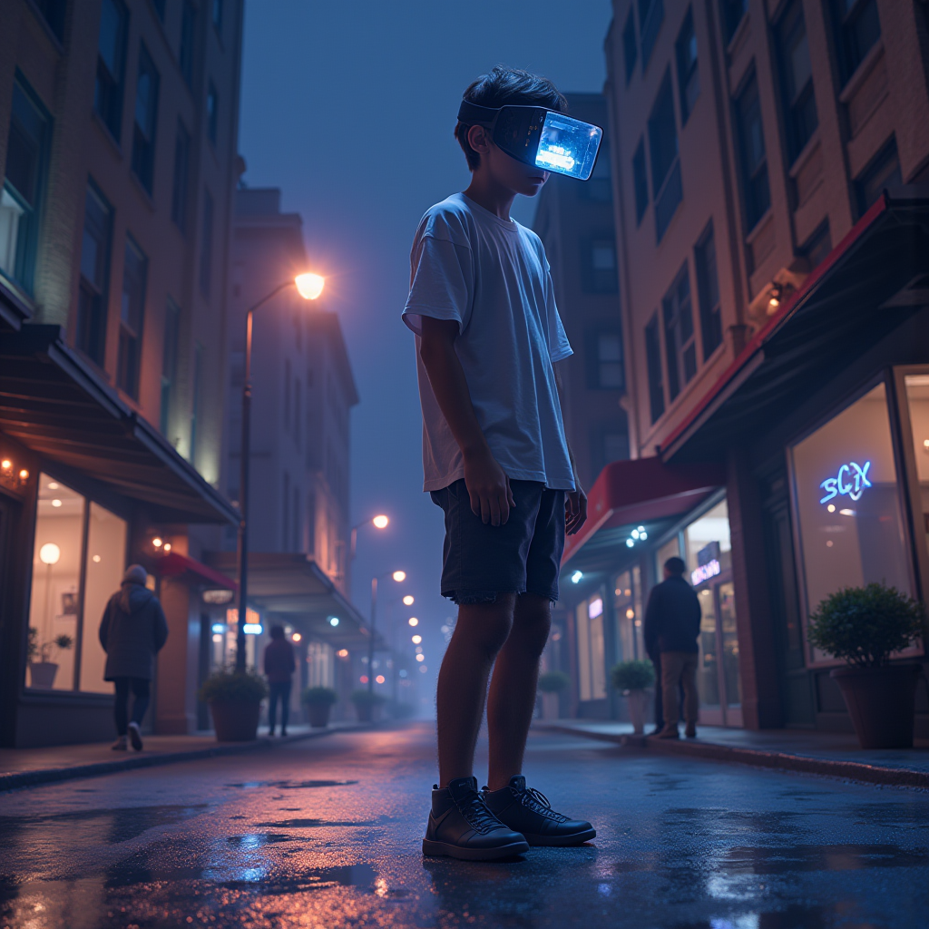 A person wearing a VR headset, their hands raised as they interact with a holographic character customization interface floating in front of them. The interface shows advanced options for body customization, with the person's virtual reflection visible in a mirror within the VR environment. The scene suggests the future of immersive identity exploration through gaming technology.