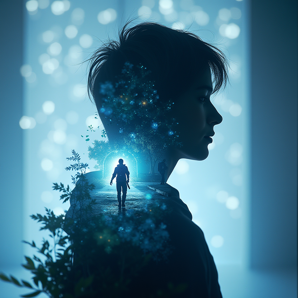 Artistic split composition showing player silhouette on left merging with glowing first-person game view and third-person character view on right in ethereal gaming environment